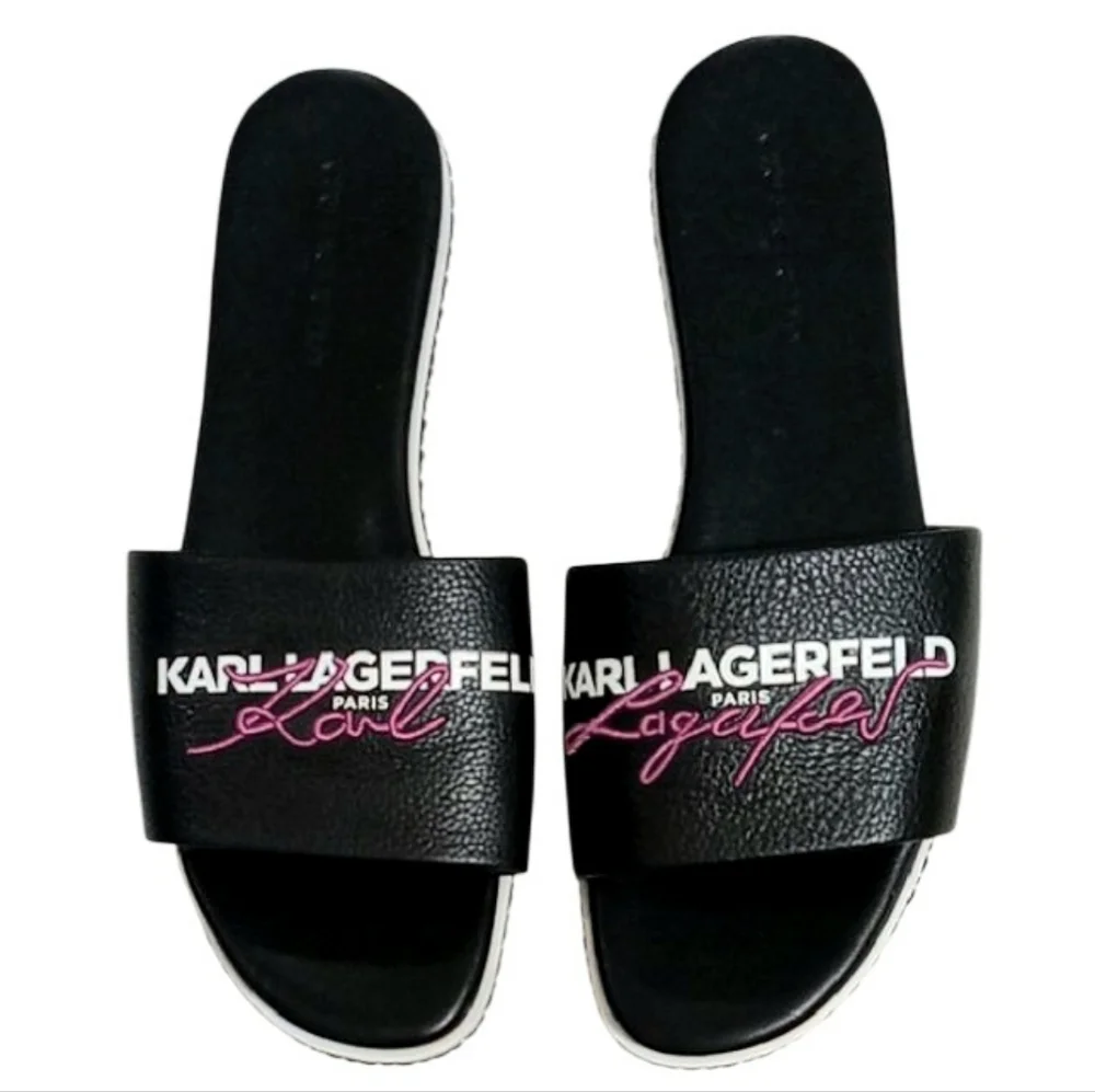 Karl Lagerfeld Beda Black Leather Logo Slides Sz 11